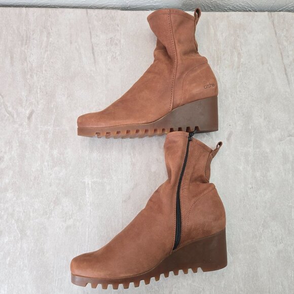 Arche Ankle Wedge Booties Nubuck Leather Brown Minimalist Comfort Boots Size 6 - Picture 7 of 12